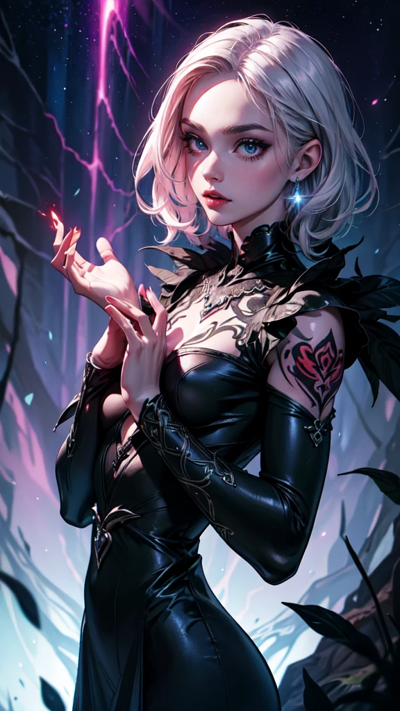 dark forest in background, colorful, Aurora, mythical, erotic pose, pore white hair, small , big eyes, body covered with tattoo, red lips, erotic, dark light, black dress ,glowing light, detailed face, detailed hands, detailed eyes, full body
