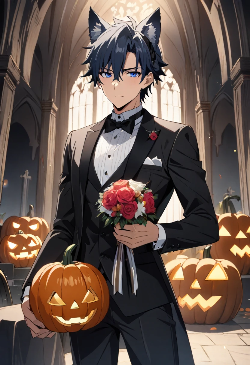 1boy, 25 years old refresh handsome holy knight man, wolf ear headband,top wearning tuxedo jacket and bottom wearning swimsuit, having Halloween pumpkin and wedding bouquet, Halloween and dark wedding chapel, middle muscler, knight is fall into darkness, japan anime style, masterpiece, best quality, very aesthetic, absurdres