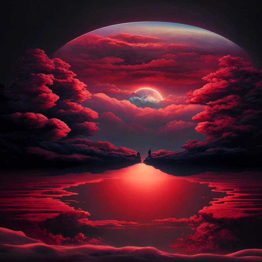 "Obra-prima surrealista. Qualidade excepcional. Detalhes surpreendentes. Surreal CG rendering of a dark red skull rising above a tranquil lake surrounded by red clouds, chinese temple, auto iluminado |, Large area of clouds and fog in luminous tones, celestial lighting, cosmic enlightenment, Experience the fusion of abstract and realistic elements. Cores vibrantes e contrastantes. Atmosfera misteriosa. Surrealist technique in the representation of objects and figures. Organic textures and shapes. Dreamlike inspiration. Amazing composition and perspective. Enter a surreal world full of surprises and emotions."