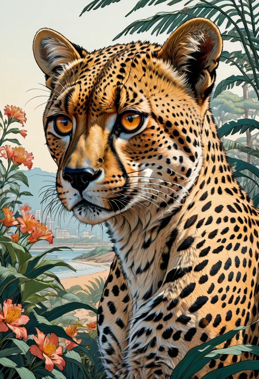 A Cheetah, by Daniel Clowes, best quality, masterpiece, very aesthetic, perfect composition, intricate details, ultra-detailed