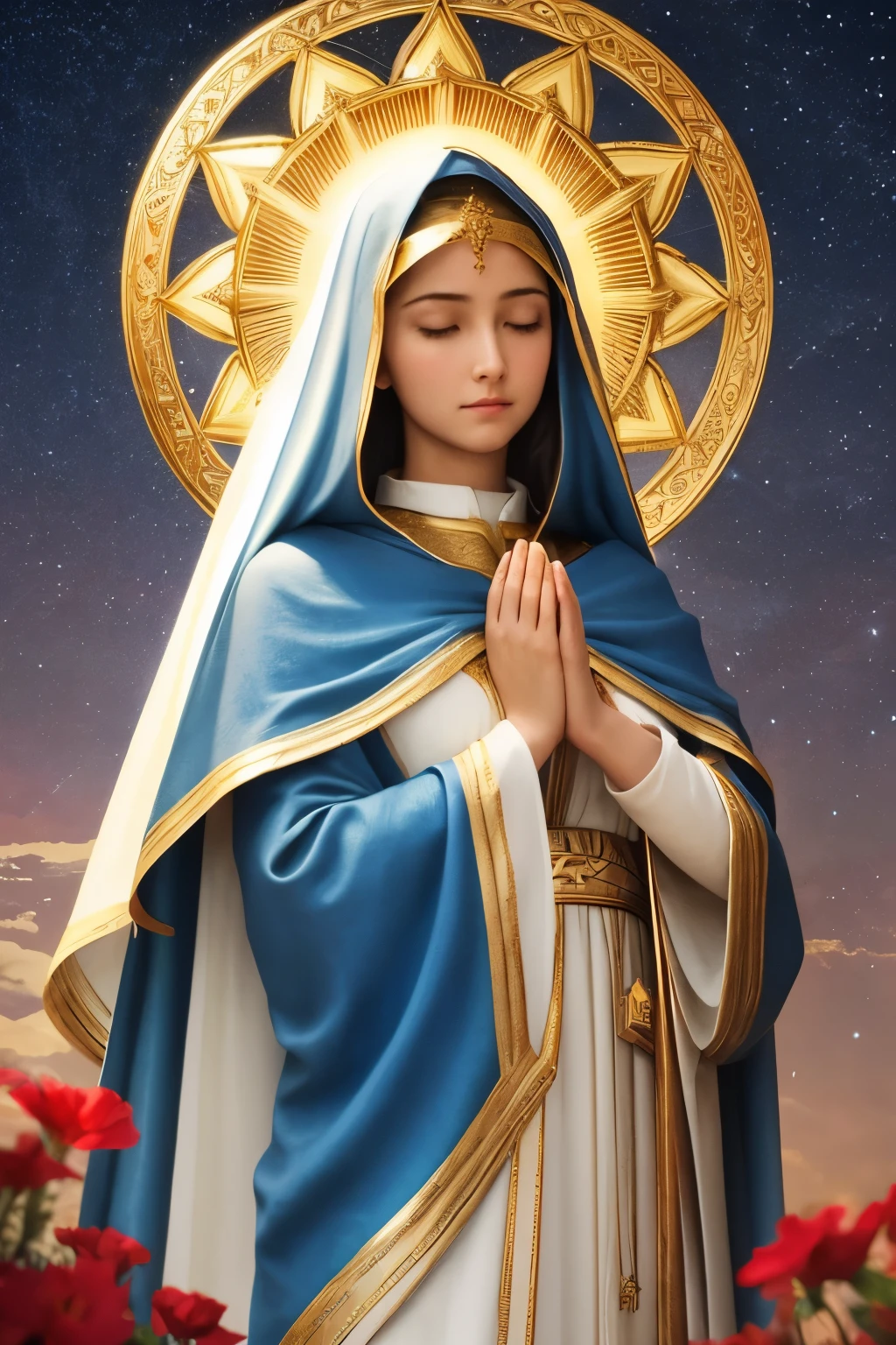 "Create a painting of Our Lady of Grace. She must be represented with a calm and welcoming expression. Our Lady must wear a blue cloak and a white tunic, with her head covered by a white veil. Your hands should be extended downwards, emitting beams of golden light, symbolizing grace and blessings. A halo of stars should surround your head. Ao fundo, include a clear, bright sky with soft clouds, creating a divine atmosphere. Add a wreath of red flowers to the figure&#39;s feet. The painting must have a classic and religious style, with soft colors and an environment of peace and serenity."