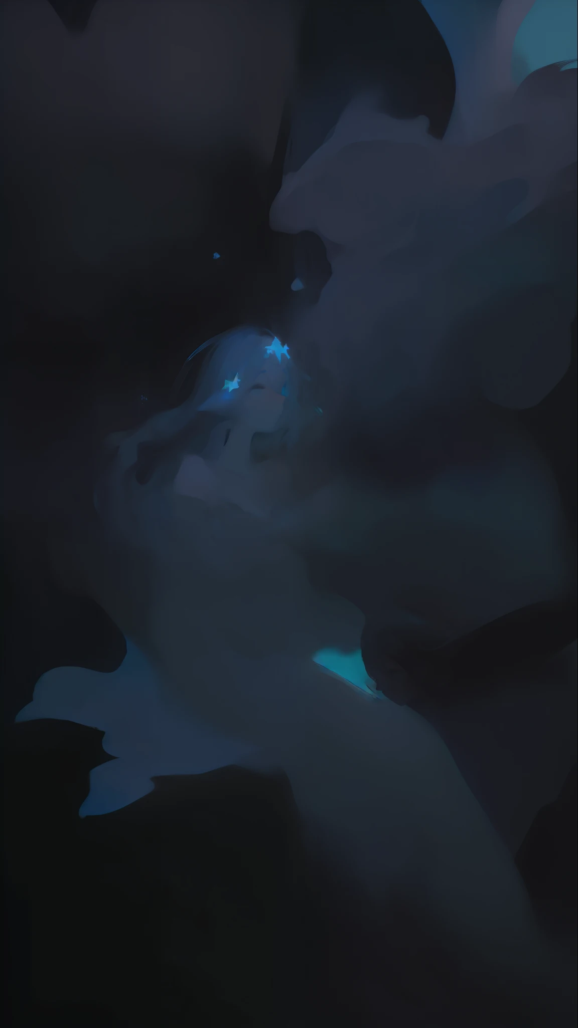 ((SFW)), (best quality,4k,8k, high res,masterpiece:1.2), ((masterpiece)), (((best quality))), slightly muted colors, hair color, hairstyle fax, eyes, clouds, flowy hair, stars in hair, adult, starry eyes, sea, ocean, celestial, hairstyle fax, deity, muted blue hair, sky-like hair with stars, ocean hair, soft smile, (({comforting aura})) (((abstract:0.5, melting elements from the painting, ghostly, transparent))), angels, luminous, bright character, ghostly luminous character, siren, mesmerizing siren, ((2 figures, one dark figure and one light figure mesmerizingly together in the most ethereal romantic artwork))