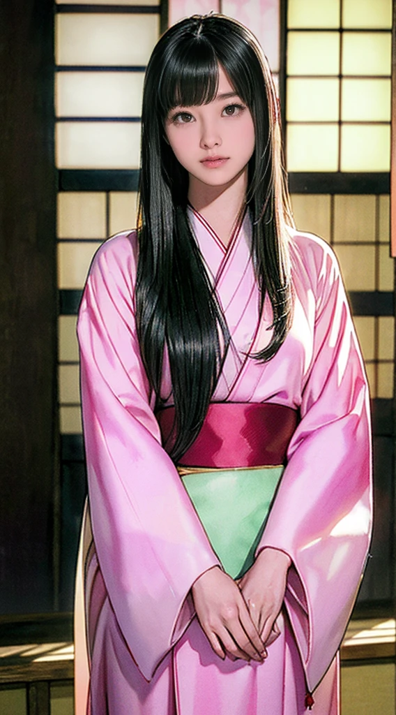 (Realistic)、(Realistic:1.2)、(High resolution)、Very detailed、Very beautiful face and eyes、1 girl、Delicate body、(highest quality、Attention to detail、Rich skin detail)、(highest quality、8k、Oil paint:1.2)、Very detailed、(Realistic、Realistic:1.37)、Bright colors、Full Body Shot,black_hair, Beautiful 8k eyes,Looking_in_Audience,One person in,Are standing,((Very beautiful woman, Fuller lips, Japanese pintern kimono))、((Colorful Japanese kimono)))、(((blackhair)))、(((Blunt bung,long straight hair)))、((( Inside an old Japanese house with a (short focus :1.4),)))、(masterpiece, highest quality, highest quality, Official Art, beautifully、aesthetic:1.2),(Fractal Art:1.3),Sengoku period、Greg Rutkowski Written by Alphonse Mucha Ropp,short ,uchikake,nishijin ori,(realistic light and shadow), (real and delicate background),(muted colors, dim colors, soothing tones:1.3), low saturation, (hyperdetailed:1.2), (noir:0.4),drow,blurry_light_background, (vibrant color:1.2), cinematic lighting, ambient lighting,Single Shot,Shallow Focus,pink lip,blurry light background,smile