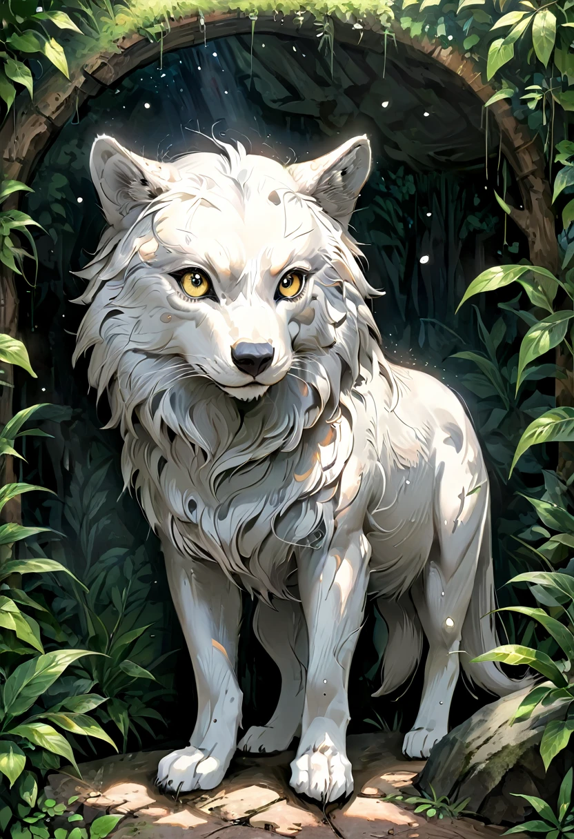 Illustrez une image détaillée et photoréaliste d'un animal avec un loup majestueux et calme debout dans un habitat naturel, avec sa peau texturée et ses yeux doux méticuleusement rendus. représenté de manière claire et concise sur son corps
Une scène magnifiquement complexe d’un petit village serein comprenant de minuscules huttes à flanc de Lion. Cette scène doit être intégrée à la texture de la peau du loup, presque comme si elle était tatouée, mais parfaitement mélangée à l'apparence naturelle de l'animal.