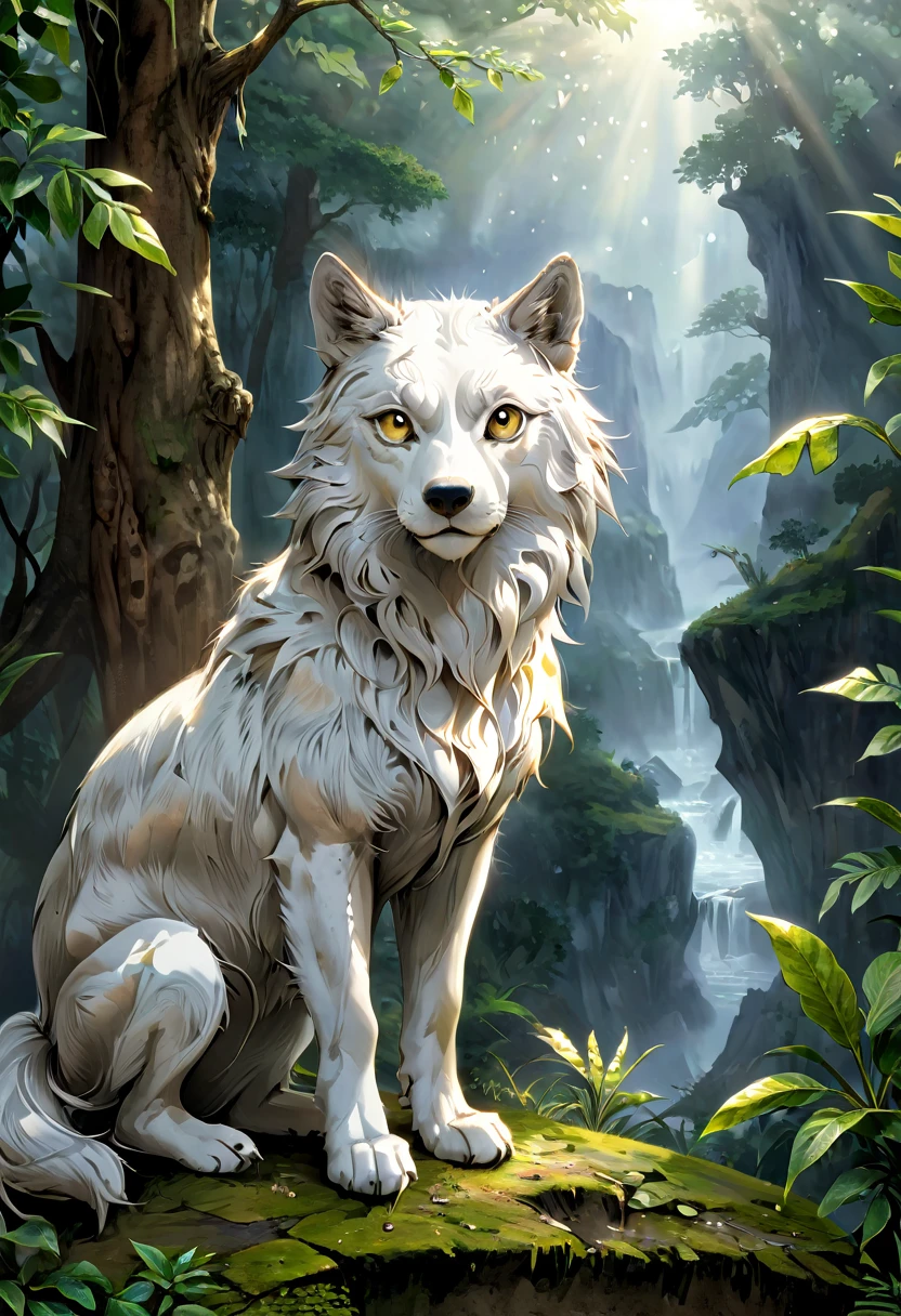   Illustrez une image détaillée et photoréaliste d'un animal avec un loup majestueux et calme debout dans un habitat naturel, avec sa peau texturée et ses yeux doux méticuleusement rendus. représenté de manière claire et concise sur son corps
Une scène magnifiquement complexe d’un petit village serein comprenant de minuscules huttes à flanc de Lion. Cette scène doit être intégrée à la texture de la peau du loup, presque comme si elle était tatouée, mais parfaitement mélangée à l'apparence naturelle de l'animal.