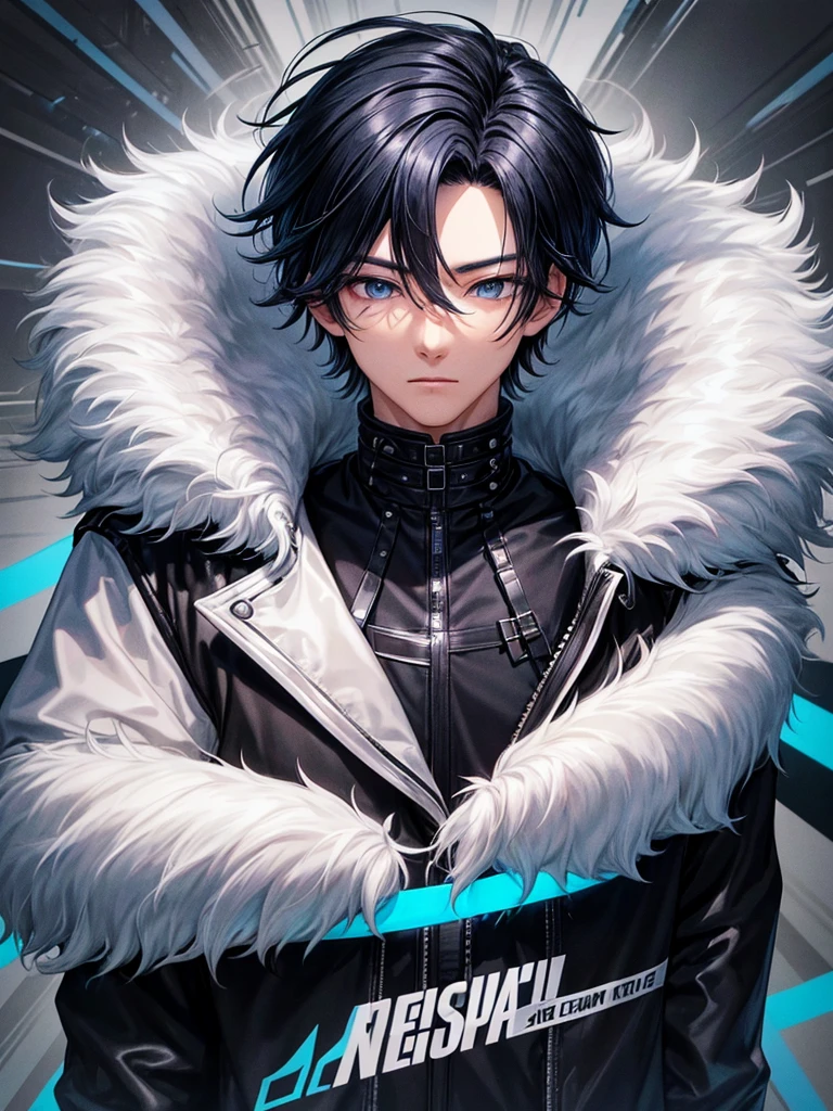 a handsome, realistic Korean teenage boy, blue eyes, coma hair with black and white hair dye, slightly messy hair, wearing a black jacket with a high neck covering his neck, and on the neck of the jacket there is a name in blue that says "1995", medium looks up and poses with one hand on his face covering one eye, black background