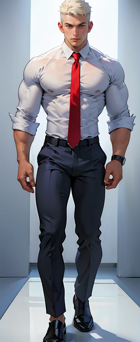 Hot muscular tall male, the tight white shirt, tie, full body