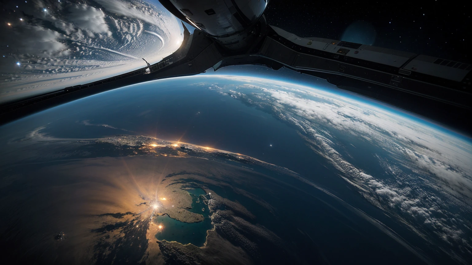 View of Earth in space from inside a spaceship 