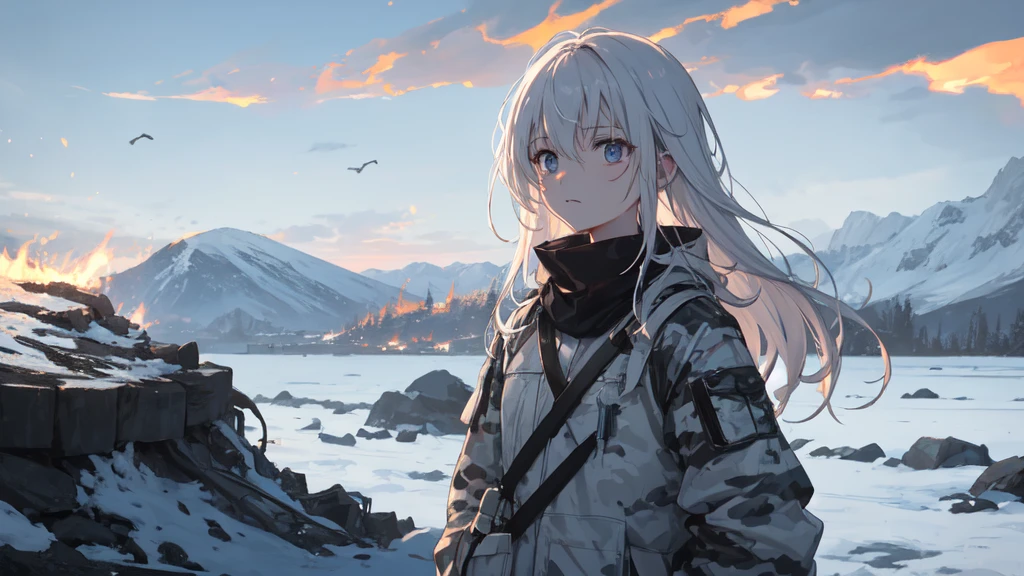 masterpiece:1.2), best quality , 独奏 ,pixiv, anime girl ，long straight white hair , black eyes ,Wearing off-white camouflage uniform ,ten years old，modern battlefield，(Eyes looking into the distance:1.3)，(look away:1.5)，snowy weather，dirty face，The background is a sea of fire with blood on the forehead，dirty face，Backlight，Bare rocky peaks ,Fierce flames are burning，The expression is sad，bullets flying
