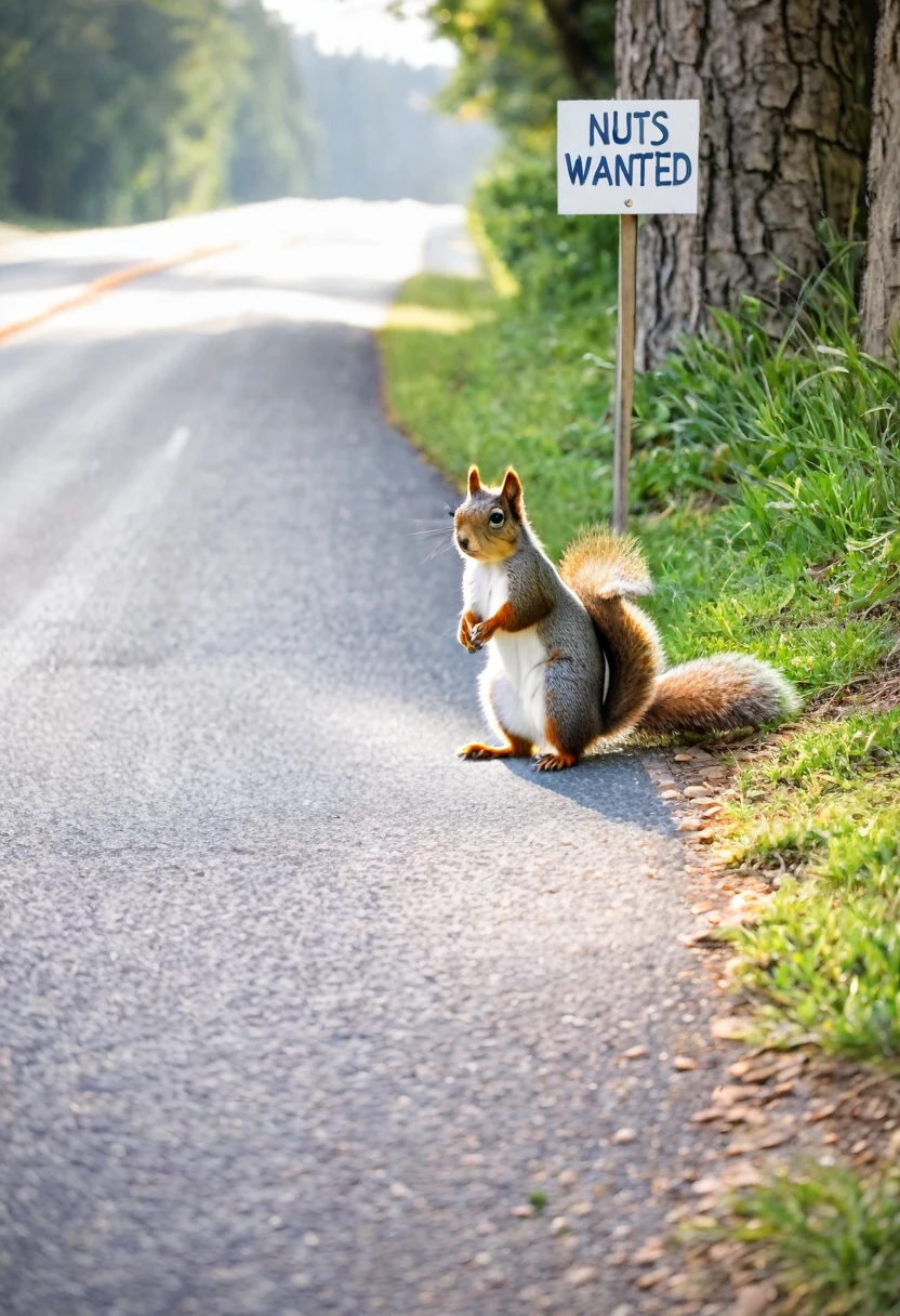 Sony A7, soft lighting. 

A squirrel standing on the side of the road with a sign that says "Nuts wanted"

soft watercolor.

