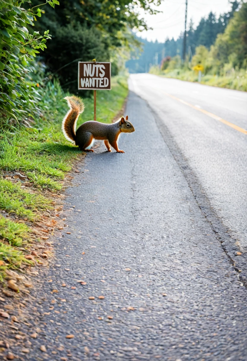 Sony A7, soft lighting.
A squirrel standing on the side of the road with a sign that says "Nuts wanted"
soft watercolor.