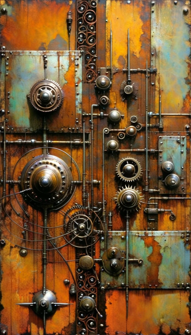 rusty smooth metal panel with screwed and welded parts (Dave Mckean inspired art, intricate details, oil painting)