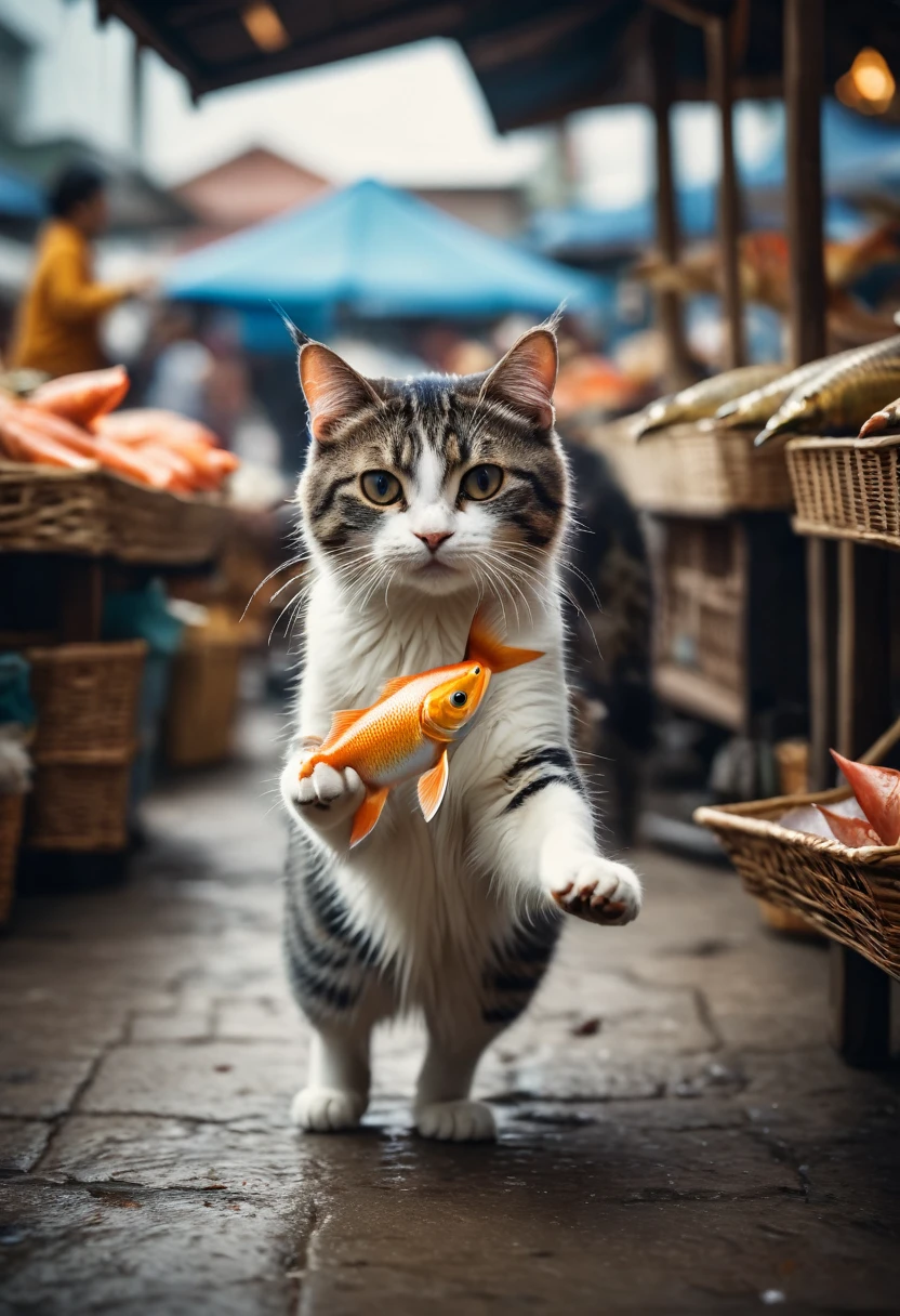 Cinematic still of cat holding fish with paws, running away in a market. . Shallow depth of field, vignette, highly detailed, high budget, bokeh, Cinemascope, moody, epic, gorgeous, film grain, grainy