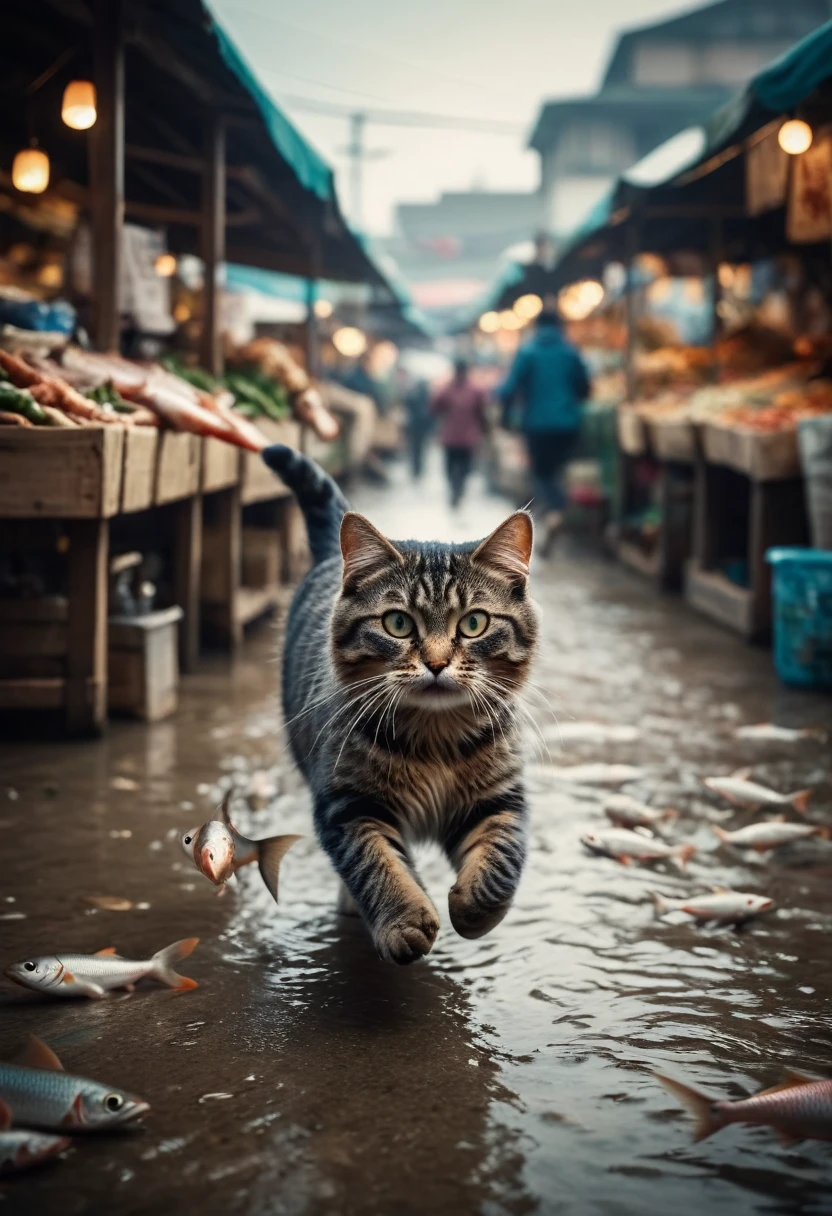 Cinematic still of cat holding fish with paws,  running away in a market. . Shallow depth of field,  vignette,  highly detailed,  high budget,  bokeh,  Cinemascope,  moody,  epic,  gorgeous,  film grain,  grainy
