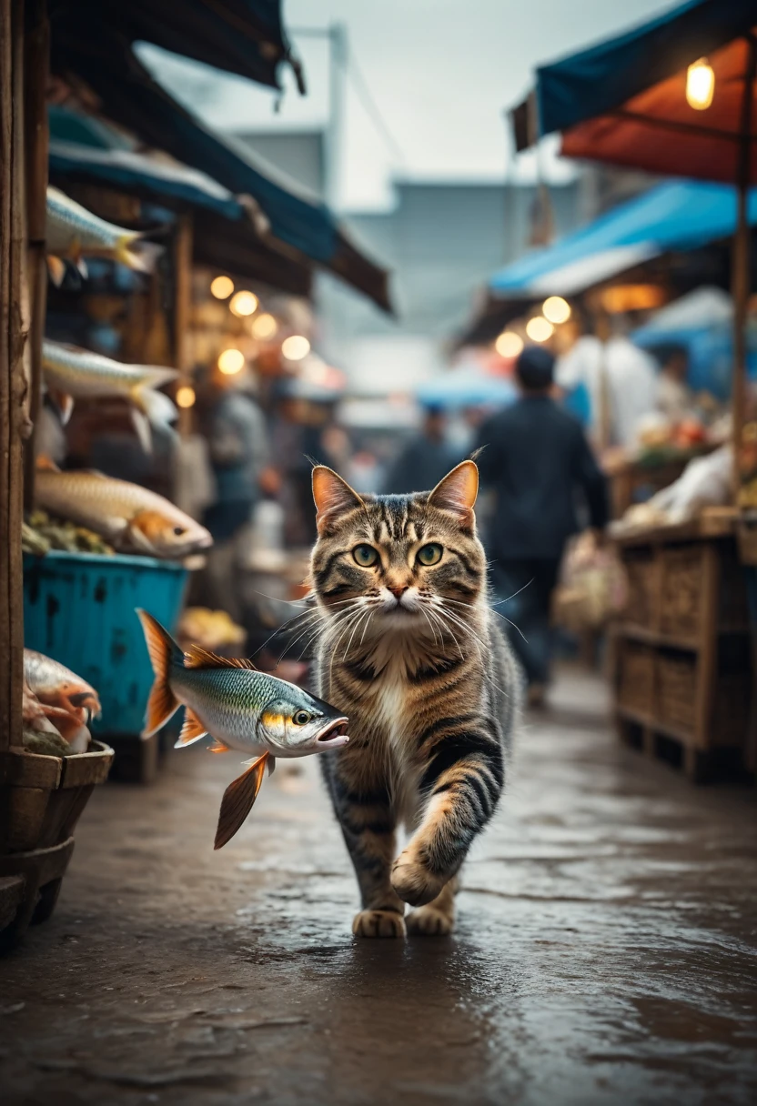 Cinematic still of cat holding fish with paws, running away in a market. . Shallow depth of field, vignette, highly detailed, high budget, bokeh, Cinemascope, moody, epic, gorgeous, film grain, grainy