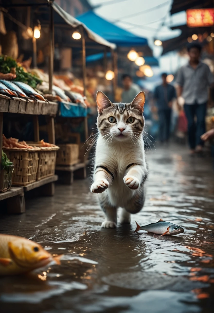 Cinematic still of cat holding fish with paws, running away in a market. . Shallow depth of field, vignette, highly detailed, high budget, bokeh, Cinemascope, moody, epic, gorgeous, film grain, grainy