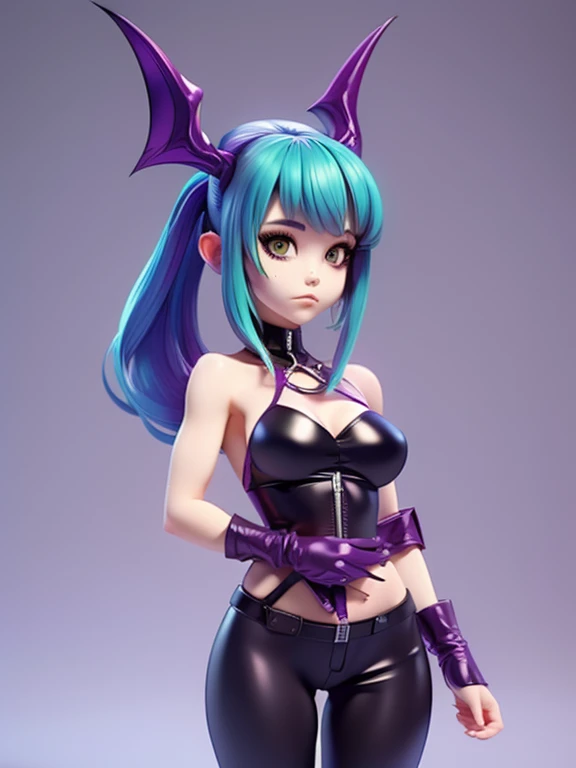 A woman in purple and black clothing, Morrigan Aenlsand style.