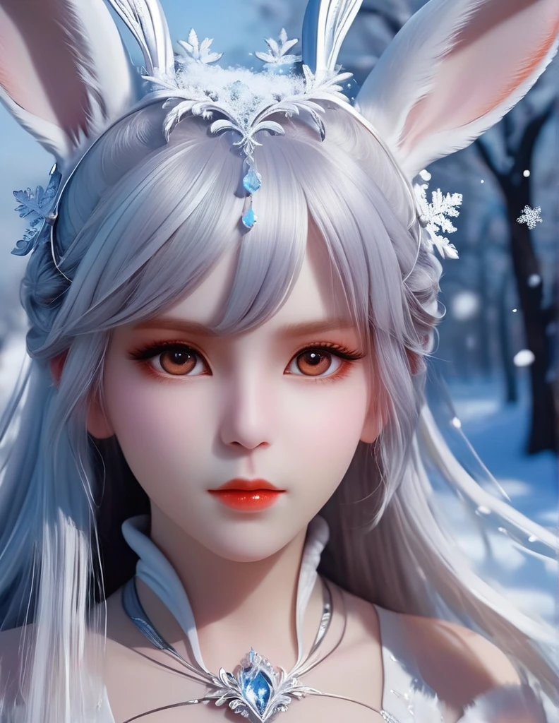 quality(8k wallpaper of extremely detailed CG unit, ​masterpiece, hight resolution, top-quality, top-quality real texture skin,hyper realisitic, digitial painting,increase the resolution,RAW photos，best qualtiy,highly detailed,the wallpaper),BREAK,8K, rabbit ears, long white hair, white dress, snow, ice crystals, 