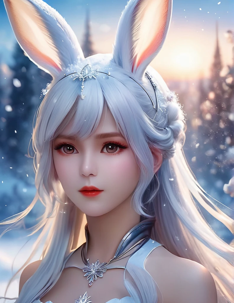 quality(8k wallpaper of extremely detailed CG unit, ​masterpiece, hight resolution, top-quality, top-quality real texture skin,hyper realisitic, digitial painting,increase the resolution,RAW photos，best qualtiy,highly detailed,the wallpaper),BREAK,8K, rabbit ears, long white hair, white dress, snow, ice crystals, 