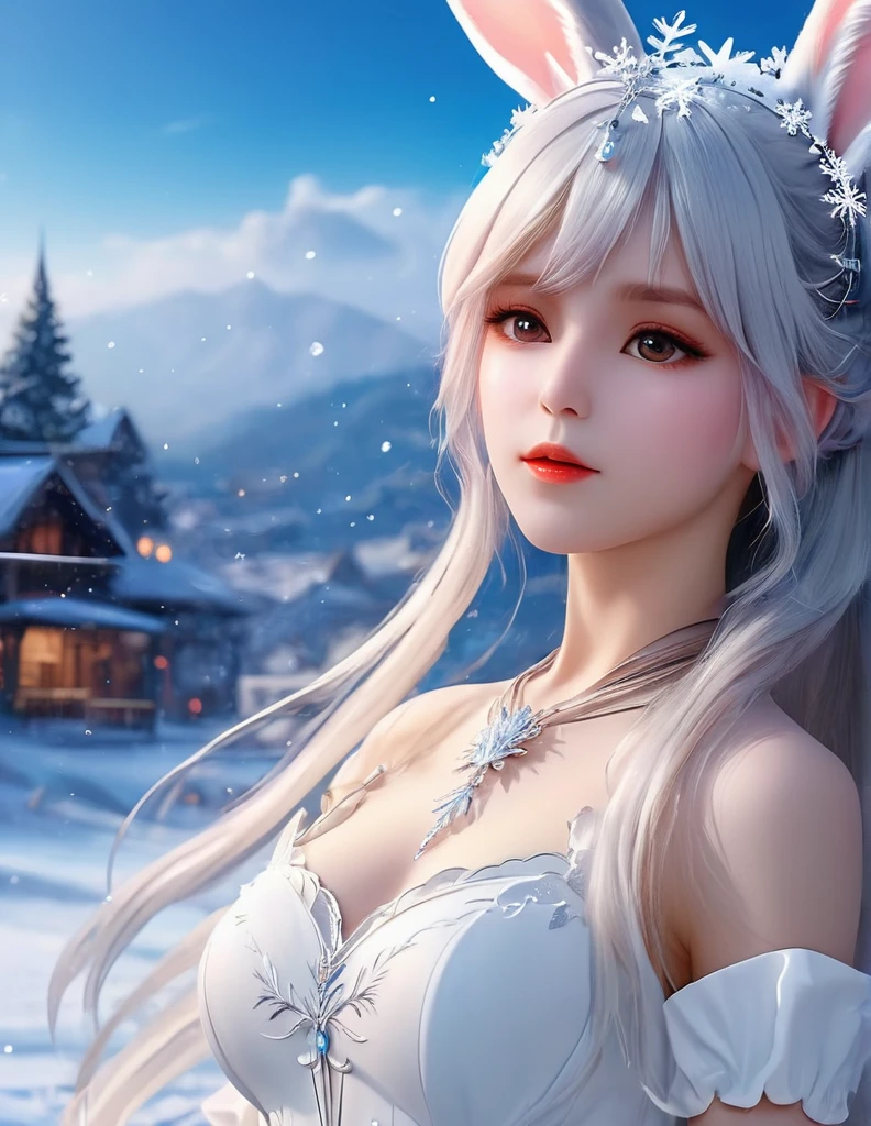 quality(8k wallpaper of extremely detailed CG unit, ​masterpiece, hight resolution, top-quality, top-quality real texture skin,hyper realisitic, digitial painting,increase the resolution,RAW photos，best qualtiy,highly detailed,the wallpaper),BREAK,8K, rabbit ears, long white hair, white dress, snow, ice crystals, 