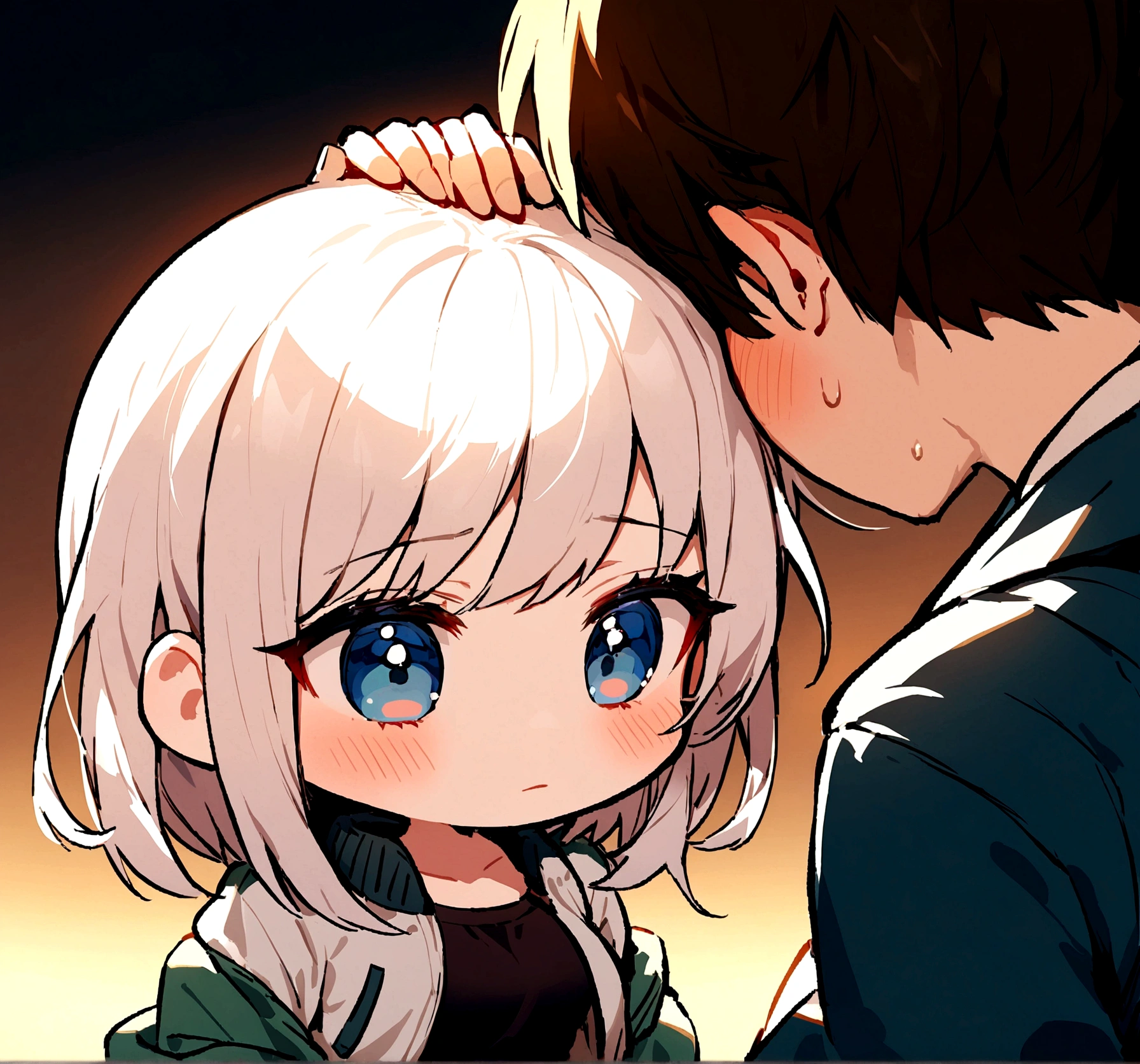 The guy bit his girlfriend's ear from behind,blushed,chibi,wearing couple jacket
