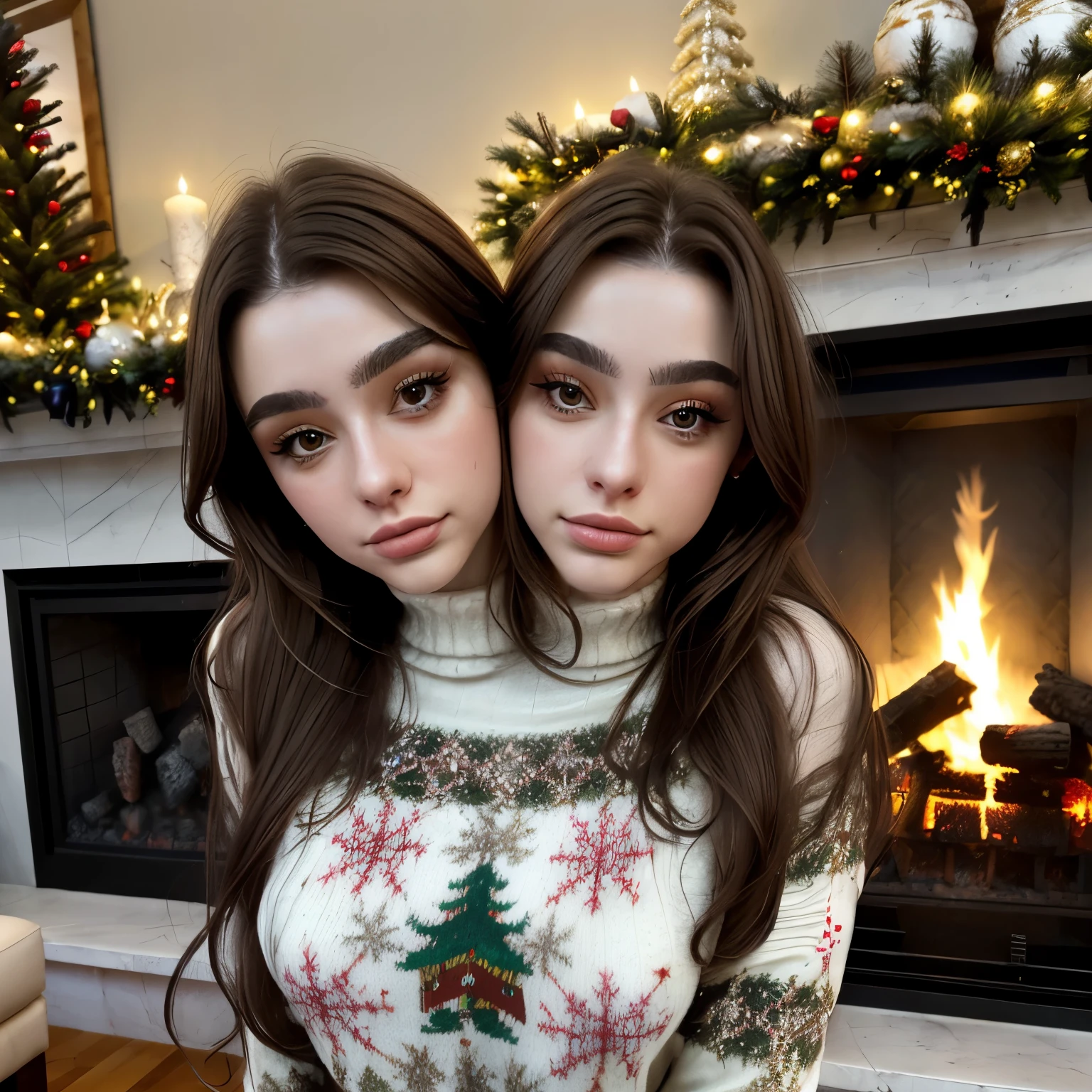 tarankaaa, 1girl brown hair, wearing christmas sweater, christmas decoration in background, lit fireplace in background, conjoined_dicephalus, (two heads:1.3)