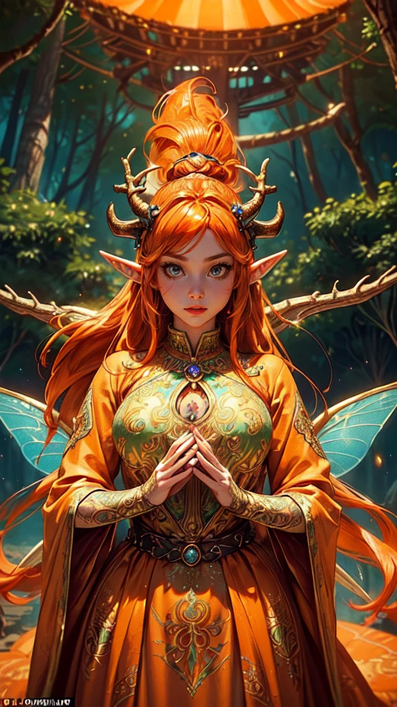 Titania, queen of the fairies,gouache girl, beautiful exotic features,cute oppai elf,(((little mature woman,oppai body,little))),(((50 years old))),((anime elf oppai with extremely cute and beautiful orange hair)), (((elf))), (((elf ears))),((huge antlers:1.2,symmetrical antler horns,horns(antler horns:1.1))),((large wings: 1.5,fairy wings:1.5)) (((Giant Breasted Girl))),((((Bright orange hair:1.35,orange hair,very long hair,swirling orange hair:1.5,flowing orange hair:1.5)))),((neon amber_eyes: 1.5)))piercing amber eyes,intricate eyes,beautiful detailed eyes,symmetrical eyes,(((lustrous skin:1.5,bright skin: 1.5,skin tanned,shiny skin,very shiny skin,shiny body,plastic glitter skin,exaggerated shiny skin,illuminated skin))),(detailed body,(detailed face)),Interdimensional creature, female creature,Sexy queen, Seductive monster, Lust creature, cute,slutty,erotic,daring,(((nsfw))), ((blue tribal tattoos, tattoos)), Sexy attire, Fantasy clothing,(an orange-haired faerie woman),vibrant pink clothes,elaborate queen robe,ethereal glow,Finely Detailed Elaborate Ornate faerie Queen Goddess with Elaborately Detailed amber Eyes,(((intricate outfit,intricate clothes,embroidered outfit,ornate outfit))), (dynamic pose:1.0),wisdom, serious face,(centered,scale to fit dimensions,Rule of thirds), ((world tree,tree houses)),scenery:1.25,((intricate scenery)),((world tree background,tree houses background)),(natural magic,mystical powers), (Glossy winter ornaments),highres,sharp focus,(ultra detailed,extremely detailed),(photorealistic artwork:1.37),(extremely detailed CG unity 8k wallpaper),(((vibrant colors,vibrant theme))),(intricate),(masterpiece),(best quality),artistic photography,(photography taken by sldr),(intricate background),perfect rendered face,perfect face details,realistic face,photo realistic,((intricate detail)),(((realism))),detailed face, detailed hands, detailed eyes, full body, elf girl
