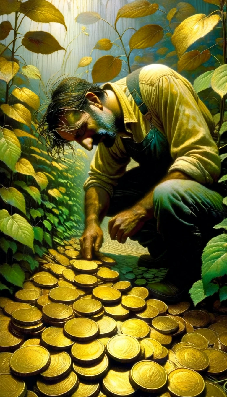 A farmer leaning on his hoe watches in disbelief as 7 gold coins grow from a leafy plant. (Dave Mckean inspired art, intricate details, oil painting)
