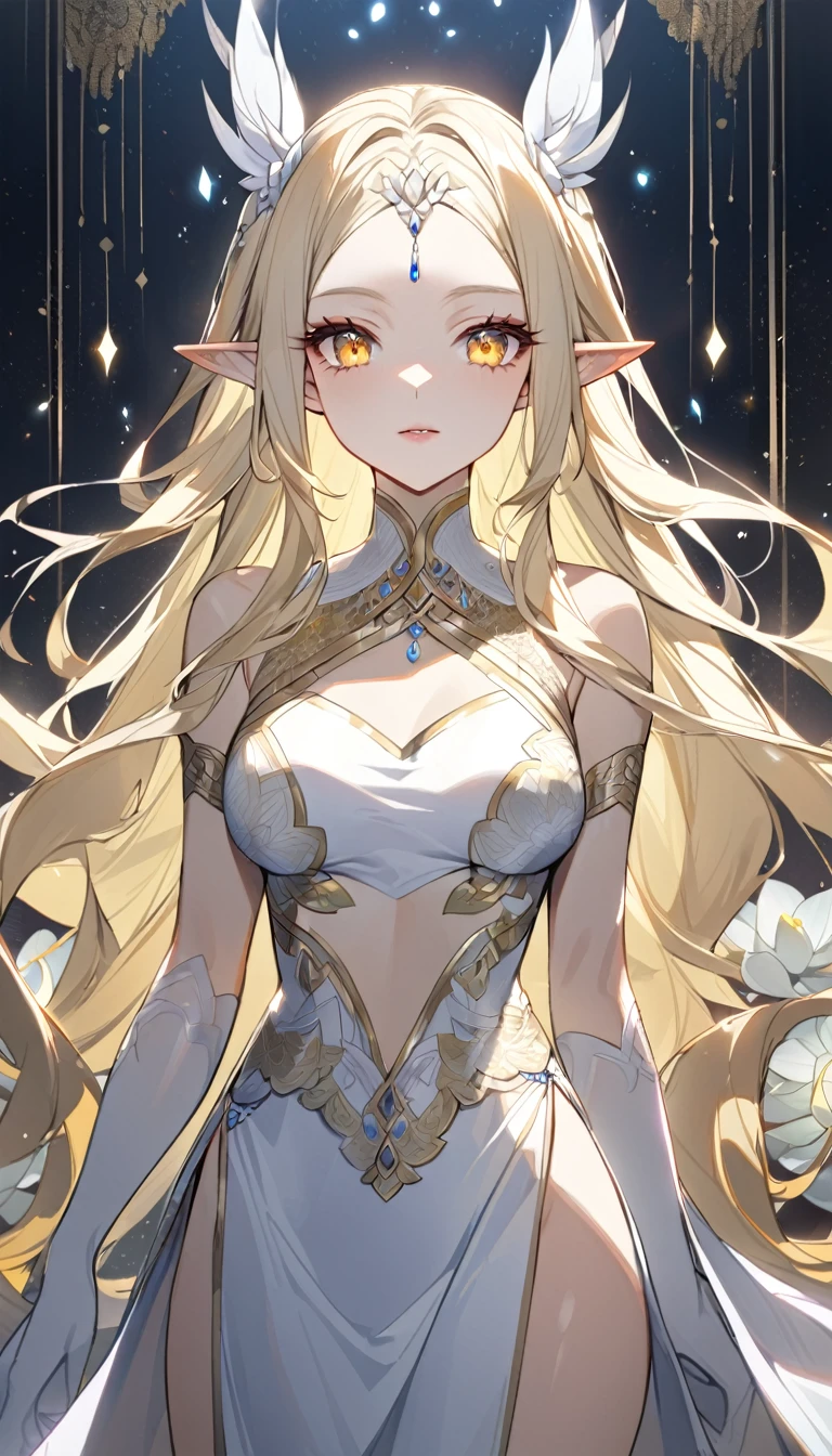 1woman, elven ears, white god, light blonde hair, longest hairstyle, glowing yellow eyes, white lotus, white light princess, elegant thai dress,