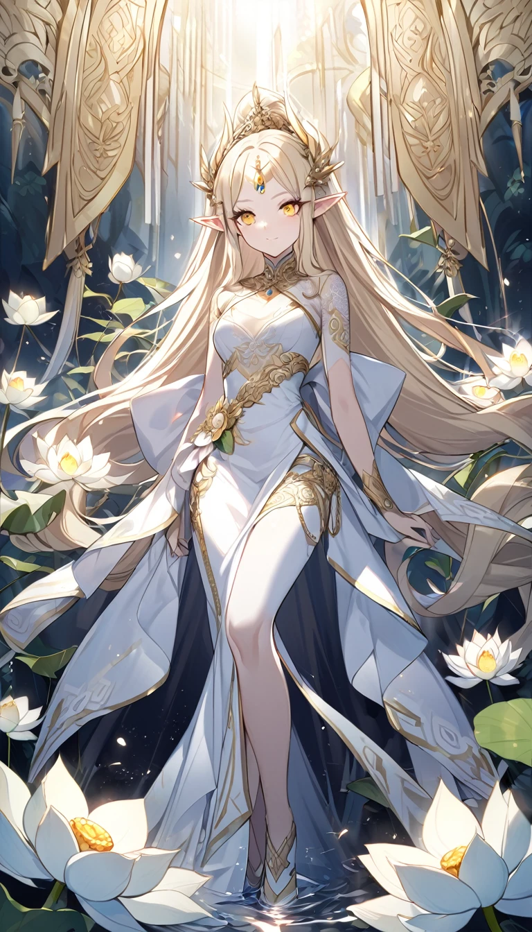 1woman, elven ears, white god, light blonde hair, longest hairstyle, glowing yellow eyes, white lotus, white light princess, elegant thai dress,