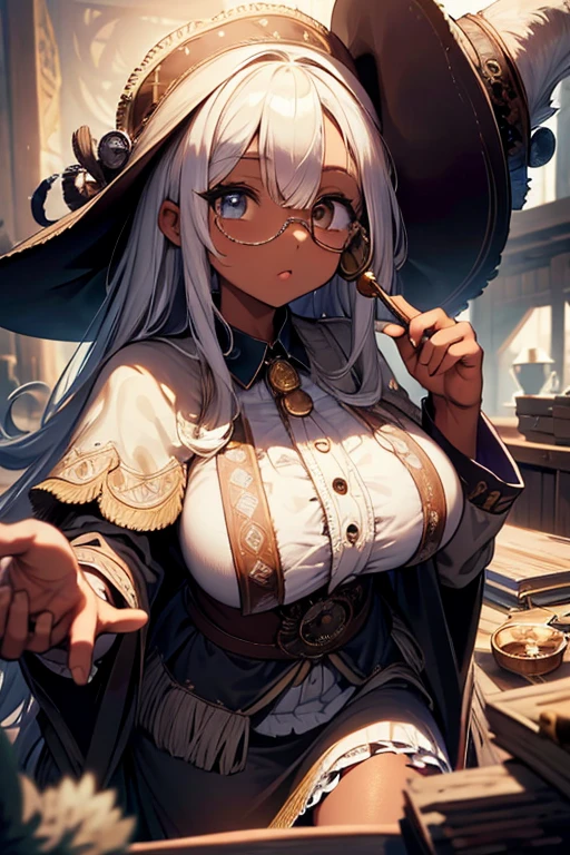 (masterpiece:1.2),Detailed explanation, Awards, high quality, High resolution, HD, 4K,8K,high quality,(professional illustration:1.1),(Chewy breasts,tender breasts:1.3),Thighs focus,(dark skin:1.2),white hair,(li:1.1),cape,poncho,Fuzz hair,Flowing hair,military uniform,Alchemist,huge wizard hat,(hide your eyes with a hat),intricate details,elaborate embroidery,long paleo,(monocle:1.3),odd eye,pov,Junk pile,