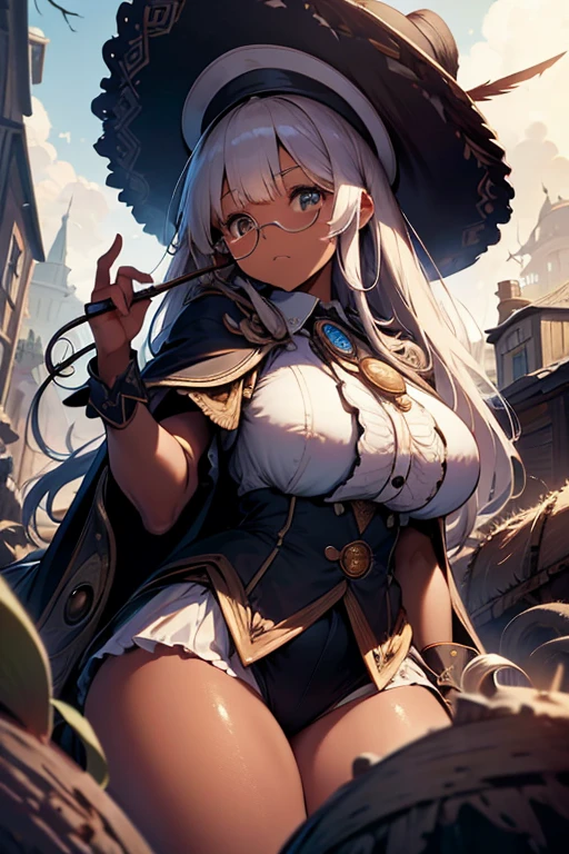 (masterpiece:1.2),Detailed explanation, Awards, high quality, High resolution, HD, 4K,8K,high quality,(professional illustration:1.1),(Chewy breasts,tender breasts:1.3),Thighs focus,(dark skin:1.2),white hair,(****:1.1),cape,poncho,Fuzz hair,Flowing hair,military uniform,Alchemist,huge wizard hat,(hide your eyes with a hat),intricate details,elaborate embroidery,long paleo,(monocle:1.3),odd eye,pov,Junk pile,