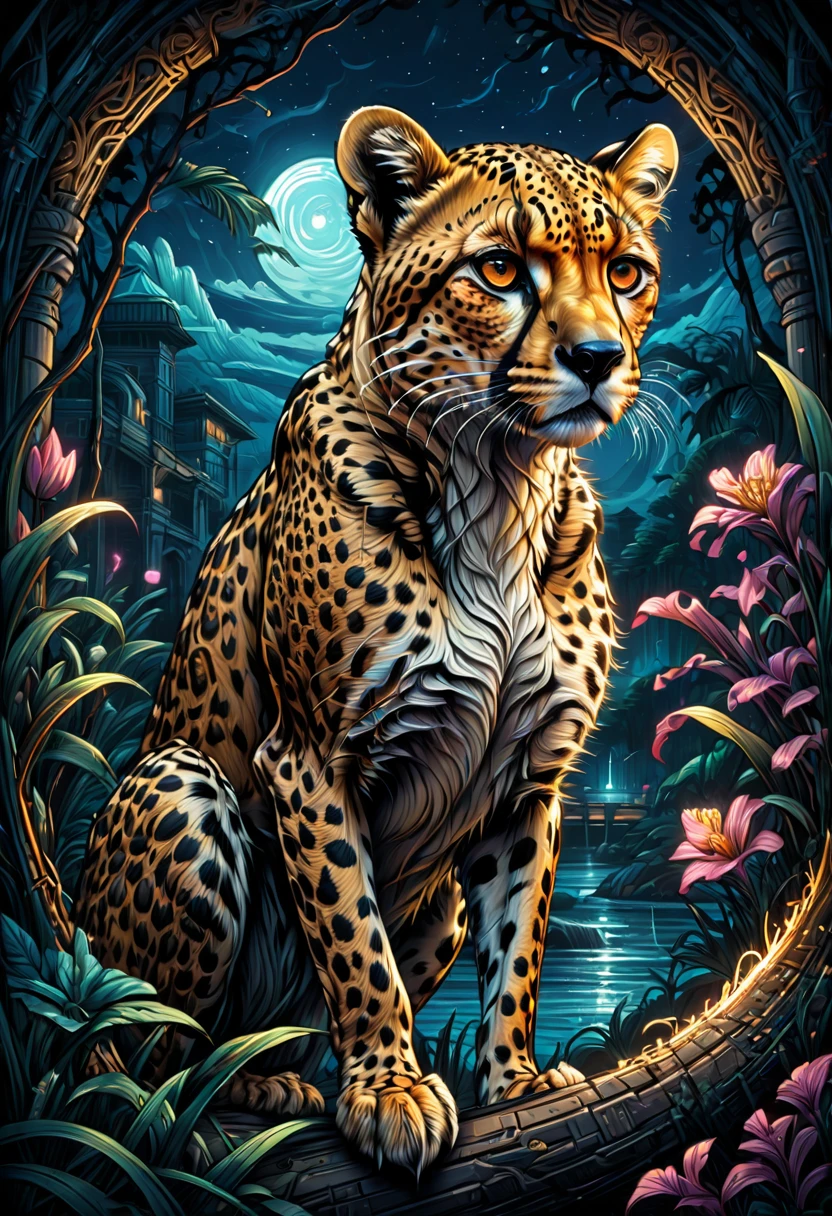 A Cheetah, by dan mumford, best quality, masterpiece, very aesthetic, perfect composition, intricate details, ultra-detailed