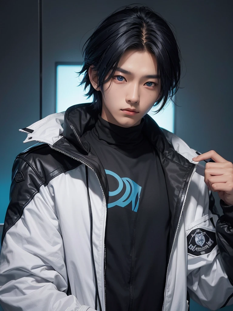 a handsome, realistic Korean teenage boy, blue eyes, coma hair with black and white hair dye, slightly messy hair, wearing a black jacket with a high neck covering his neck, and on the neck of the jacket there is a name in blue that says "1995", medium looks up and poses with one hand on his face covering one eye, black background