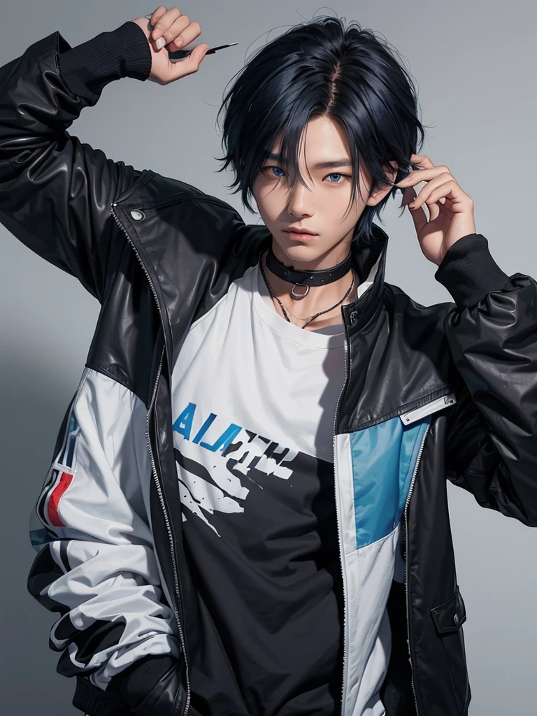 a handsome, realistic Korean age boy, blue eyes, coma hair with black and white hair dye, slightly messy hair, wearing a black jacket with a high neck covering his neck, and on the neck of the jacket there is a name in blue that says "1995", medium looks up and poses with one hand on his face covering one eye, black background
