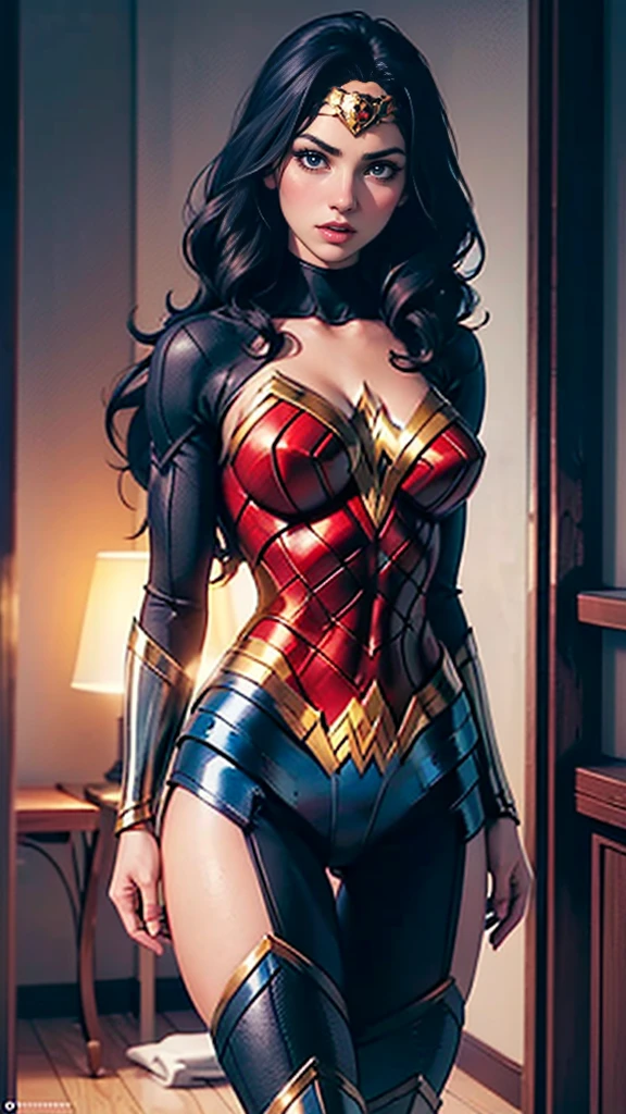 ((solo, Wonder woman, (GAL GADOT, dark purple eyes, black hair, long hair), High Definition，lipstick, Extremely detailed, ambient soft lighting, 8K, perfect eyes, a perfect face, perfect lighting, a 1girl)), ((solo, (1woman, lipstick), Extremely detailed, ambient soft lighting, 4K, perfect eyes, a perfect face, perfect lighting, a 1girl)), , ((fitness,, shapely body, athletic body, toned body)), ((wonder woman uniform suit, Women&#39;s eyes， pencil skirt, high heels, white dress shirt open, office, sofa, desk, gold jewelry, emerald earrings, bracelets, executive woman, emerald necklace, purple belt))