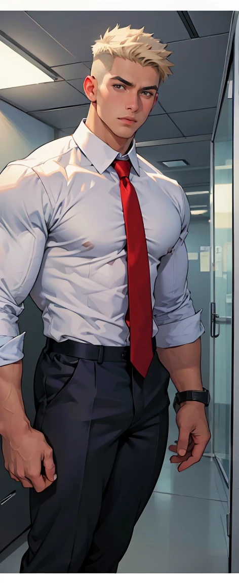 Hot muscular tall male, the tight white shirt, necktie, full body, upper body large, office background 