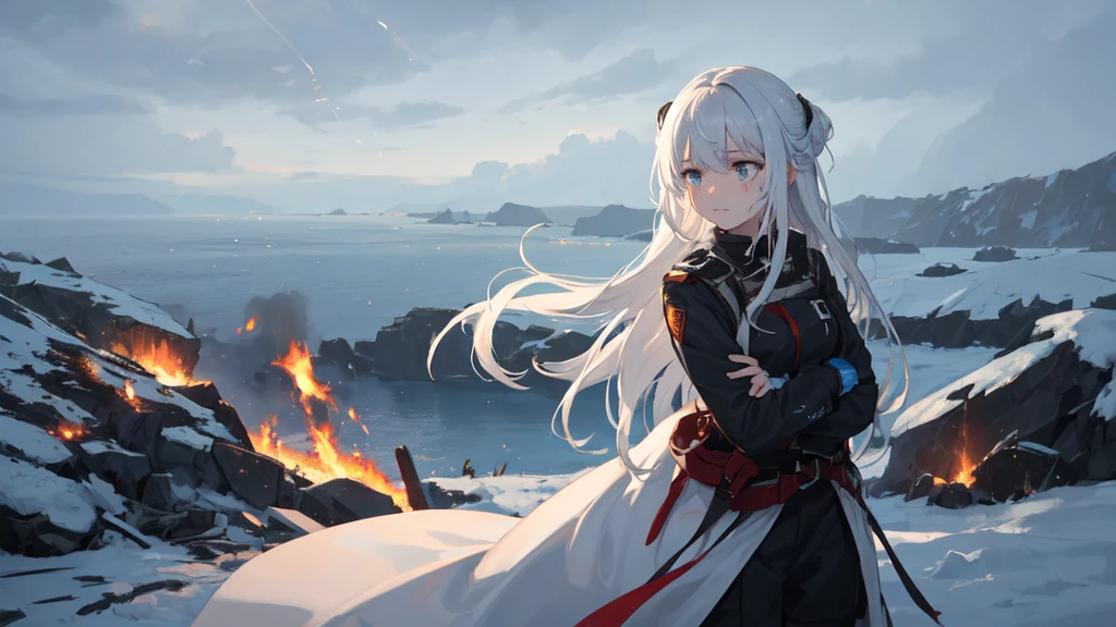 masterpiece:1.2), best quality , 独奏 ,pixiv, anime girl ，long straight white hair , black eyes ,Wearing off-white camouflage uniform ,ten years old，modern battlefield，(Eyes looking into the distance:1.3)，(look away:1.5)，snowy weather，dirty face，The background is a sea of fire with blood on the forehead，dirty face，Backlight，Bare rocky peaks ,Fierce flames are burning，The expression is sad，bullets flying，leave tears