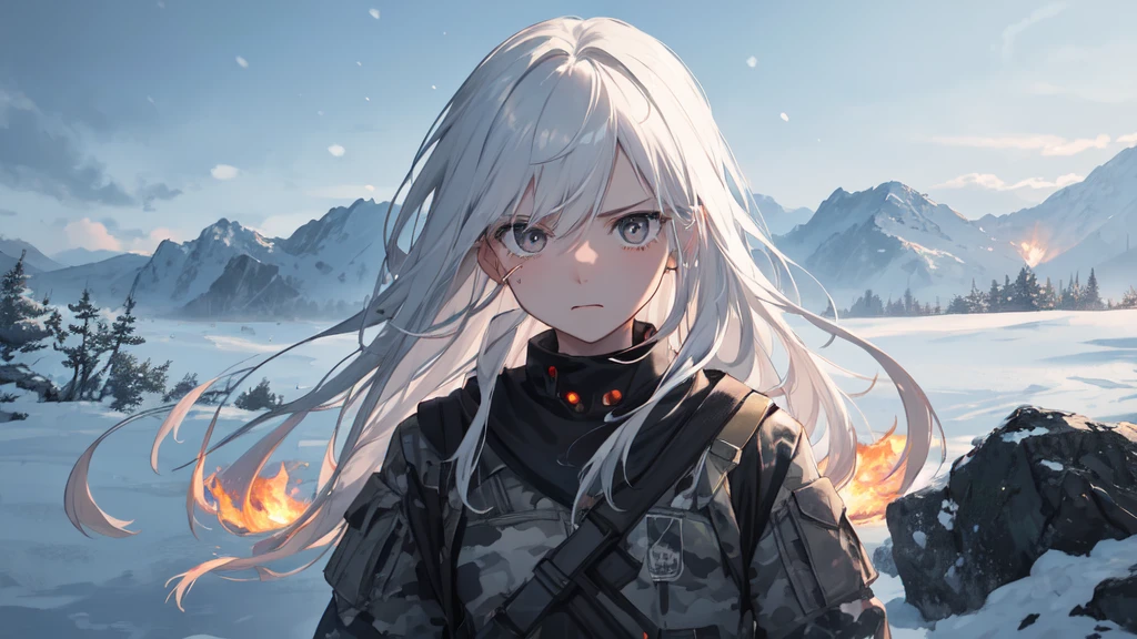 masterpiece:1.2), best quality , 独奏 ,pixiv, anime girl ，long straight white hair , black eyes ,Wearing off-white camouflage uniform ,ten years old，modern battlefield，(Eyes looking into the distance:1.3)，(look away:1.5)，snowy weather，dirty face，The background is a sea of fire with blood on the forehead，dirty face，Backlight，Bare rocky peaks ,Fierce flames are burning，The expression is sad，bullets flying，leave tears