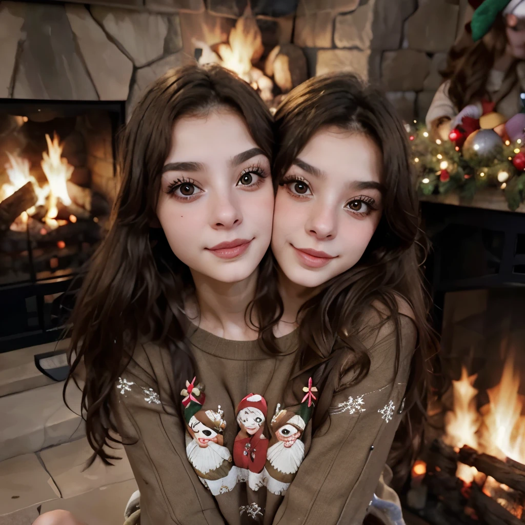 deputyaruuu, 1girl brown weavy hair, wearing a christmas sweater, christmas decoration in background, lit fireplace in background, conjoined_dicephalus, (two heads:1.3)