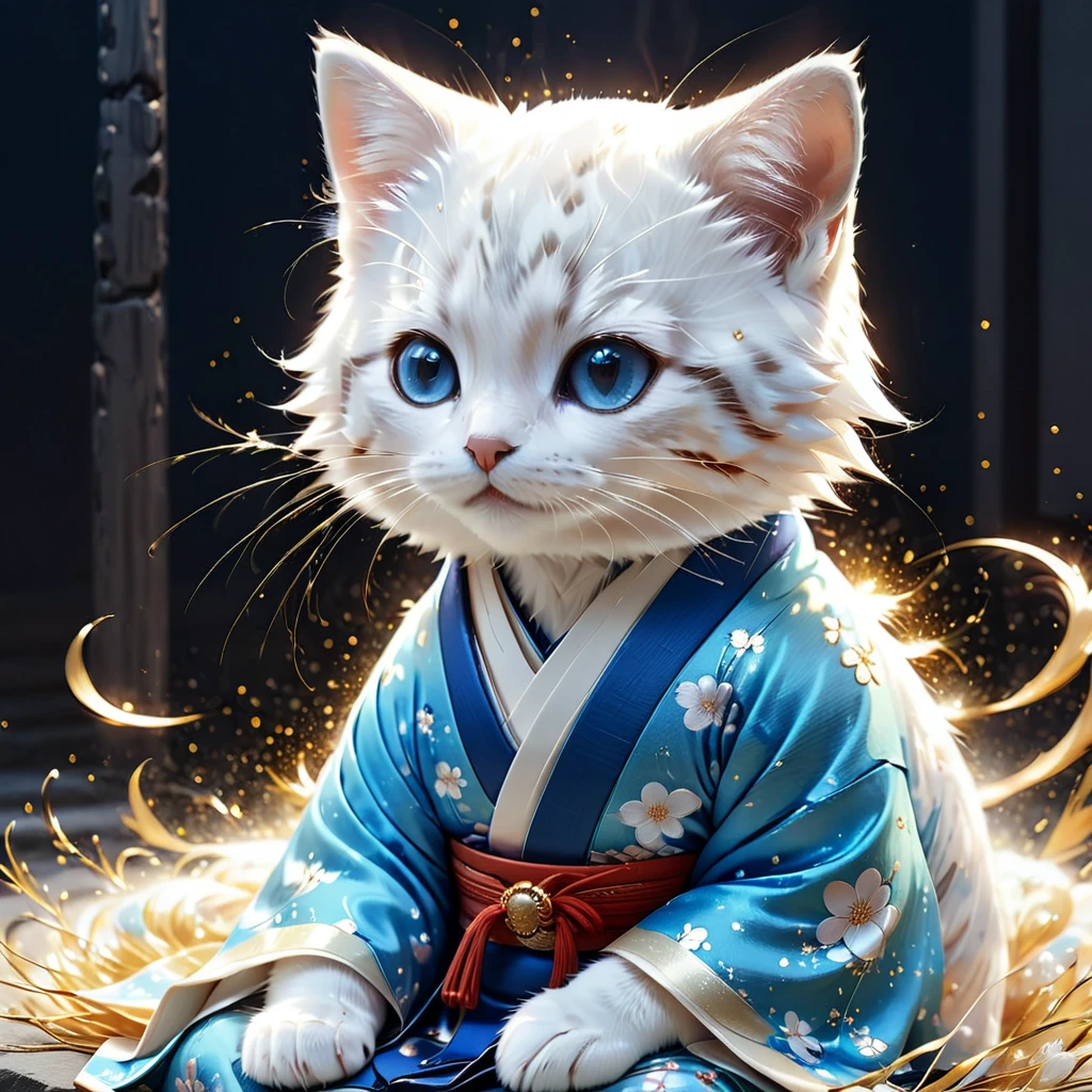 C4tt4stic, Japanese Heian period, surrounded by countless light particles, each shining brightly, colorful kimono, illustration of a small cute creature wearing a twelve-layered kimono, full body, sitting, costume, imperial court, fantasy art, exquisite details, Jean-Baptiste Monge style, Alan Lee style, anthropomorphic blue-eyed white furry kitten, movie scene, dramatic shot angle, atmospheric particles, realistic, raw cinematic photorealism, action portrait, 8k, detailed, full frame