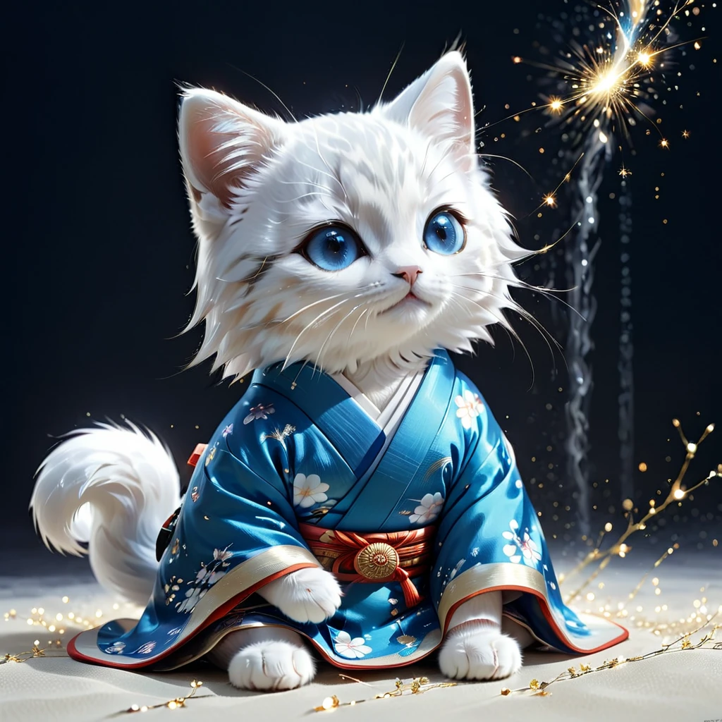 C4tt4stic, Japanese Heian period, surrounded by countless light particles, each shining brightly, colorful kimono, illustration of a small cute creature wearing a twelve-layered kimono, full body, sitting, costume, imperial court, fantasy art, exquisite details, Jean-Baptiste Monge style, Alan Lee style, anthropomorphic blue-eyed white furry kitten, movie scene, dramatic shot angle, atmospheric particles, realistic, raw cinematic photorealism, action portrait, 8k, detailed, full frame