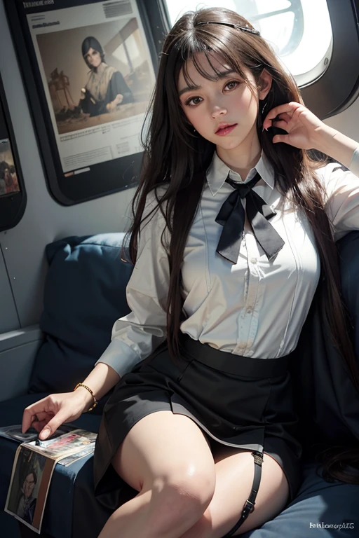 "(Masterpiece, High Definition, Ultra High Definition, 4K) Black hair, Japan girl, uniform skirt, emphasizing thighs, white thighs, soft thighs, glossy thighs, sitting on the train, face-to-face angle, (angle from below),sitting in the train seat,Sitting in front,Zoom camera in the crotch,Feet on the train floor,Full body,Looking down and sleepy,Looking at the viewer only", best quality, ultra high definition, (photorealistic:1.4),, high resolution, detail, raw photo, sharp re, Nikon D850 film stock photo by Lee Jefferies 4 kodak portra 400 camera f1.6 lens rich colors hyper realistic lively textures dramatic lighting unreal engine artstation trends cinestir 800,