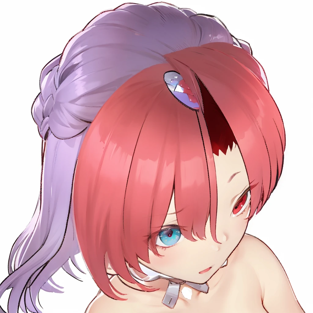 1girl with long pink hair, red eyes, two horns on head, big breasts, nude, pink and white striped stockings, shy face, (((((((chibi style)))))))), pussy ,nipples