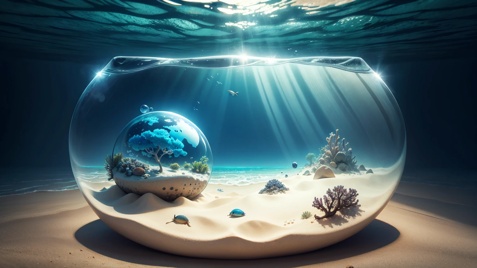 Underwater world,Marine life， fog, The hemispherical shape looks down from the sky, fanciful, Artistically, beach sand background