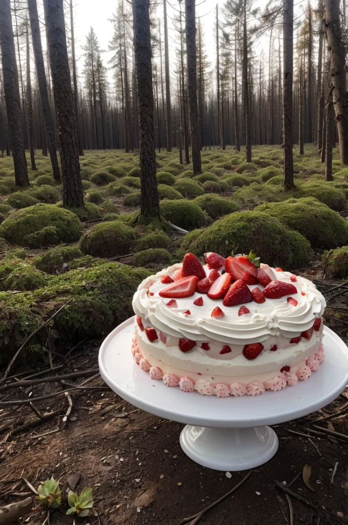 Strawberry cake in a desolate forest
