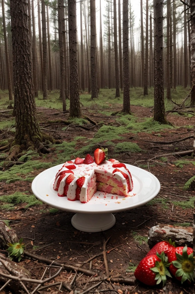 Strawberry cake in a desolate forest