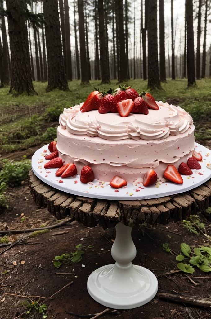 Strawberry cake in a desolate forest
