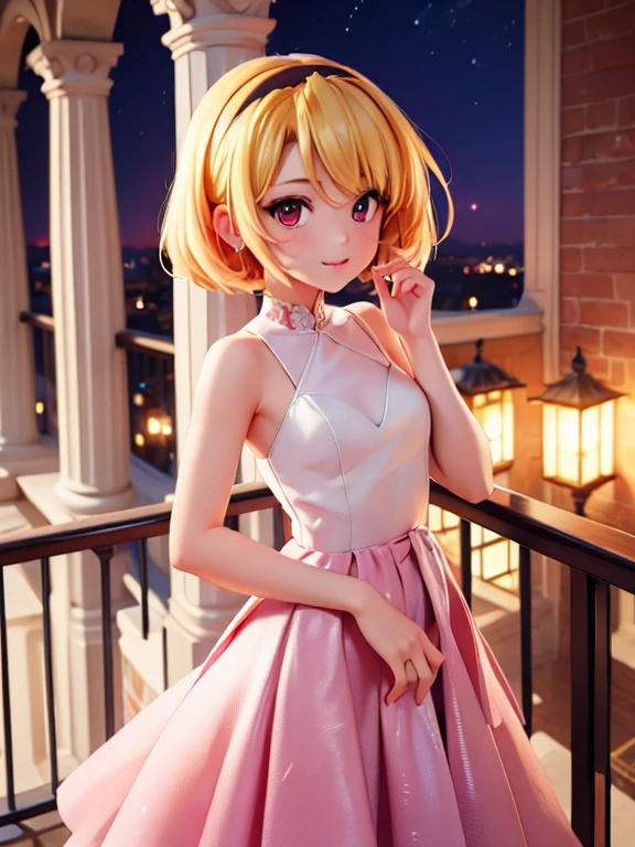 Satoko Hojo, One Girl, (blonde), Red eyes, short hair, hair band, Small breasts,  alone,Little, Little figure, On the beautiful balcony of the palace、A woman in an evening dress is standing。The balcony offers a beautiful view..、Her gorgeous outfit stands out。