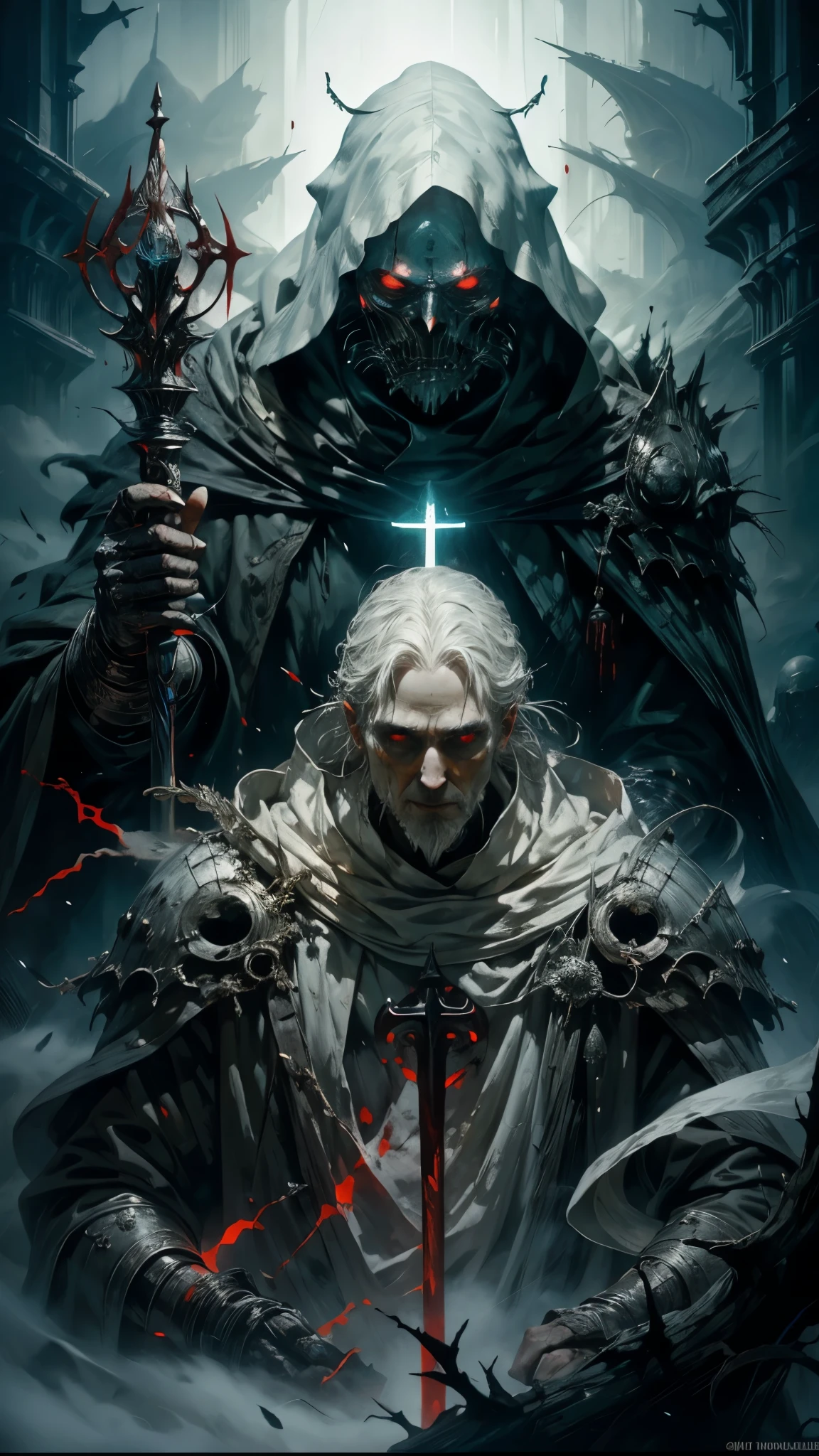 A priest,wearing a white robe,holding a staff,pacific face,fog on background,light room,(Fog: 1,5),dark fantasy ,medieval,dark souls,elden ring,(blood: 1,5),detailed,realistic,4K